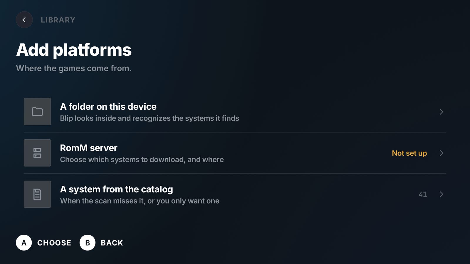 The Add platforms chooser: a folder on this device, a RomM server, or one system from the catalog of 41