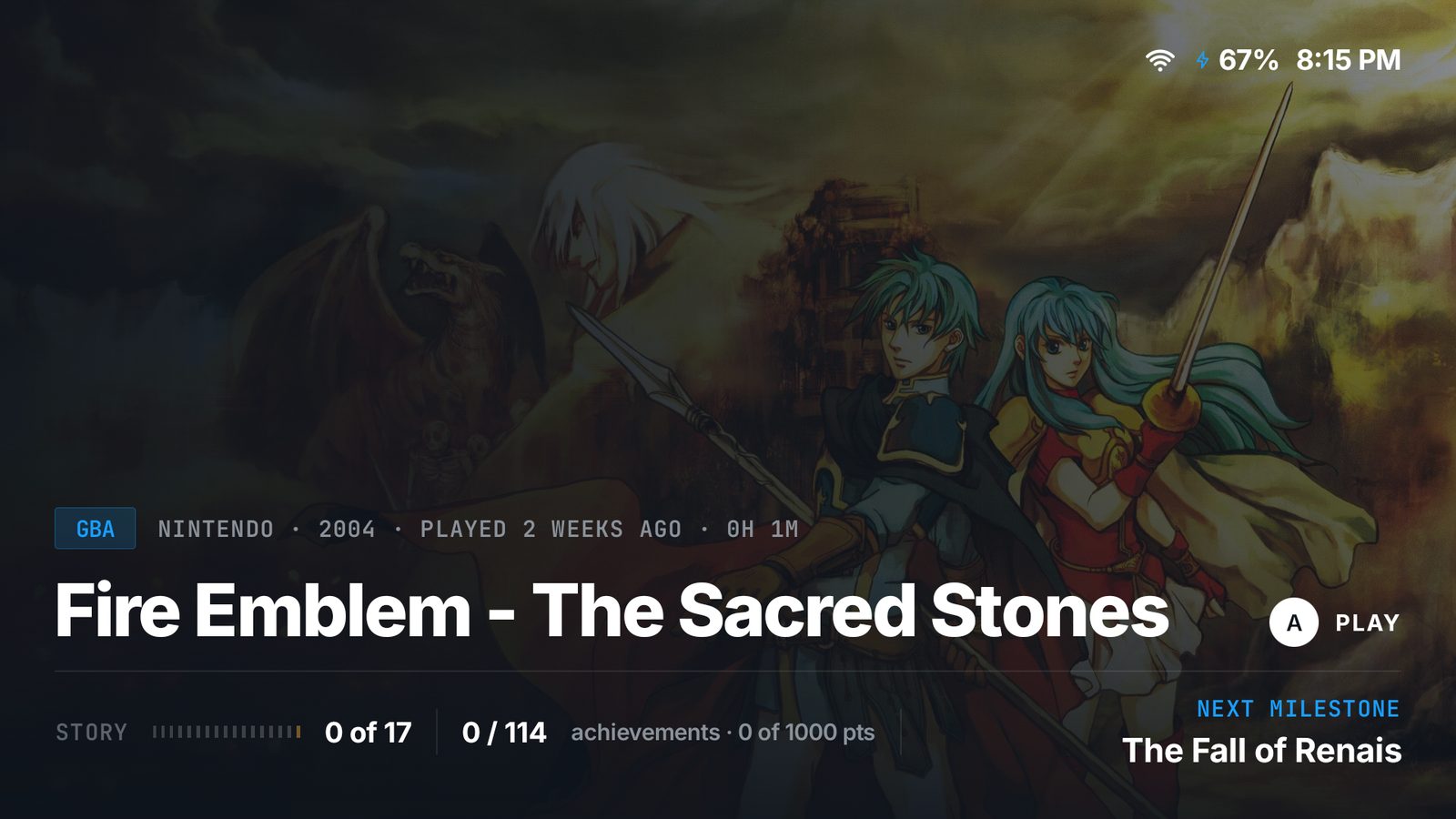 The upper panel: the focused game's hero art filling the screen, its title, system and year, the Play prompt and the next story milestone