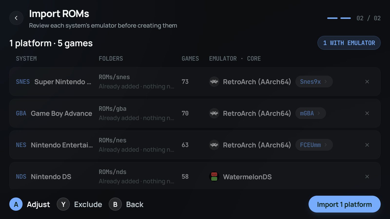 The review table: each system with its folders, its game count and the emulator and core suggested for it, every row excludable before anything is created