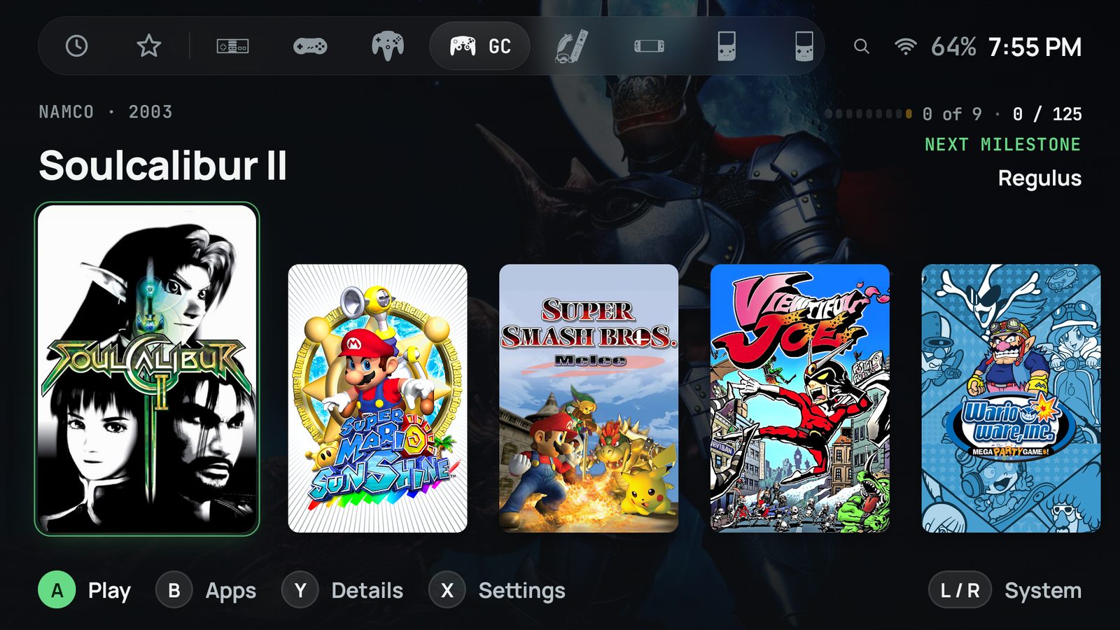 The shelf: one row of covers with the focused game named beneath it, its own art lighting the backdrop, the platform tabs above and the pad legend along the foot